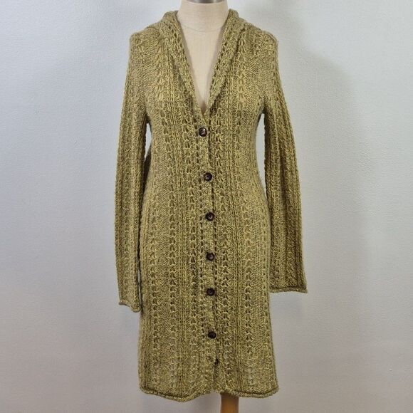 SUNDANCE Olive Loose Knit Mohair Cardigan Hoodie Long Length Petite Medium - Picture 3 of 11